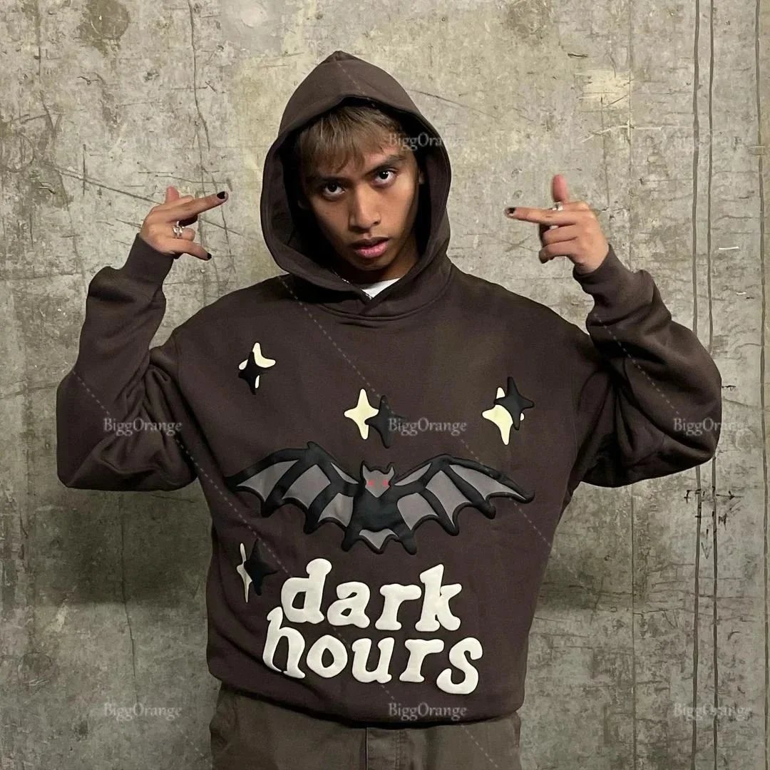 Design Dark Hours Bat Graphic Oversized Hoodie Brown