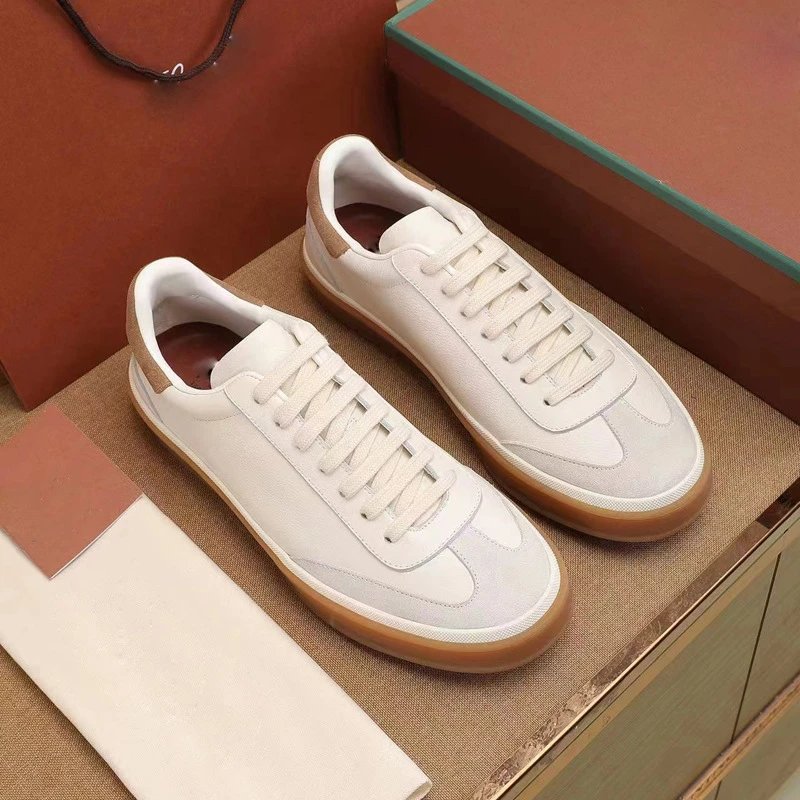 Design Suede Trim Low Top Sneakers White and Brown