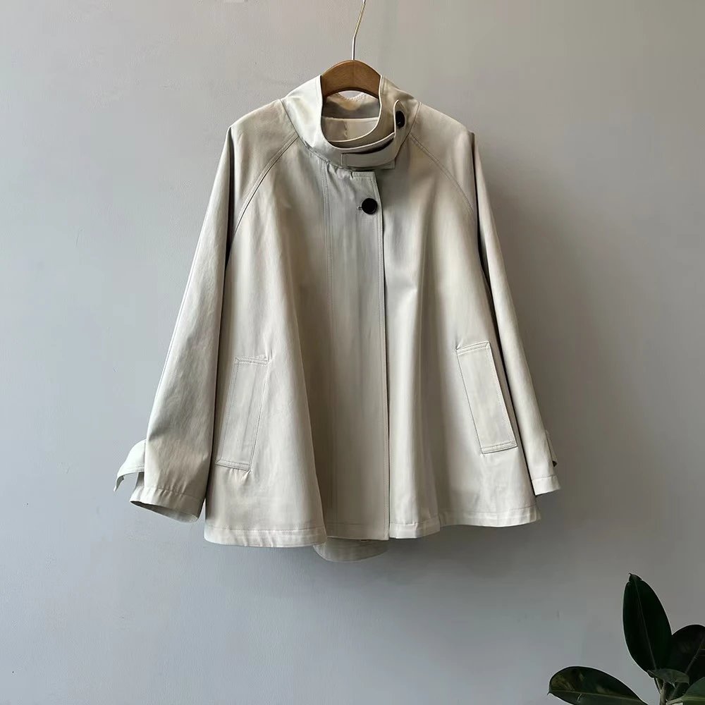 Design A-Line Cape Jacket Minimalist Trench Coat Beige