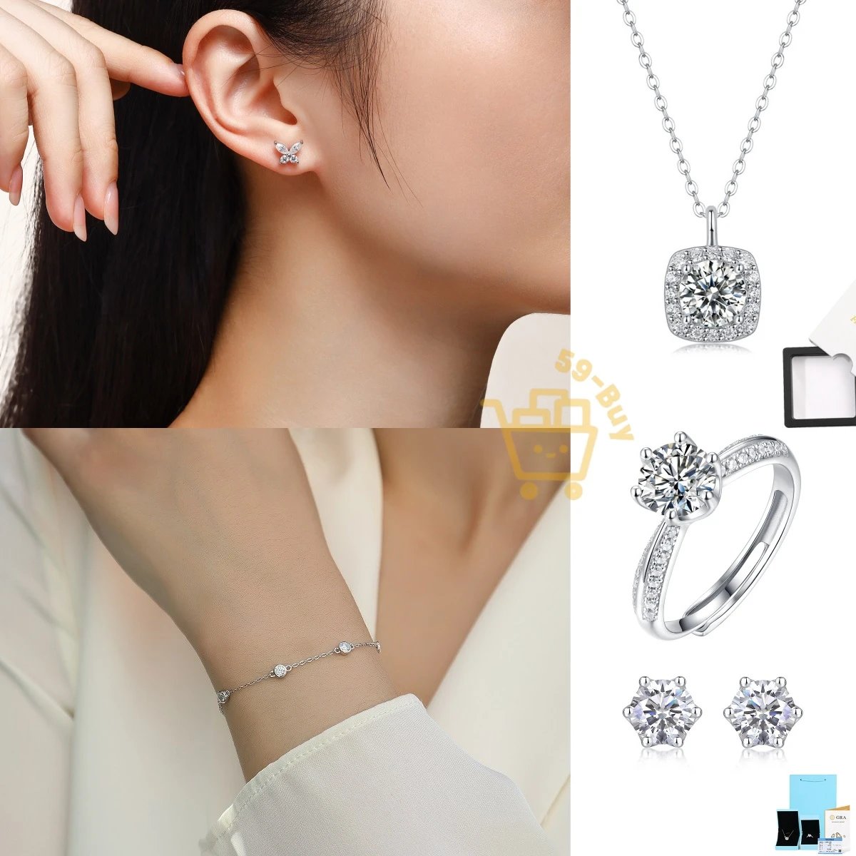 Crystal Necklace Ring Earrings and Bracelet Set - Silver